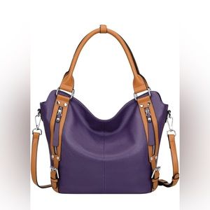 Over Earth Genuine Leather Handbag Hobo Shoulder Bag/Tote Purple and light brown